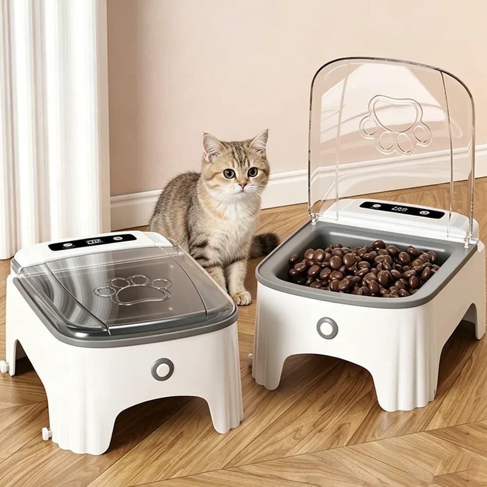 Nuovo Distributore Automatico di Cibo per Gatti con Coperchio Attivato da Sensore, Ciotola in Ceramica a Mantenimento Freschezza Temporizzato, Dispenser Intelligente per Cani e Gatti