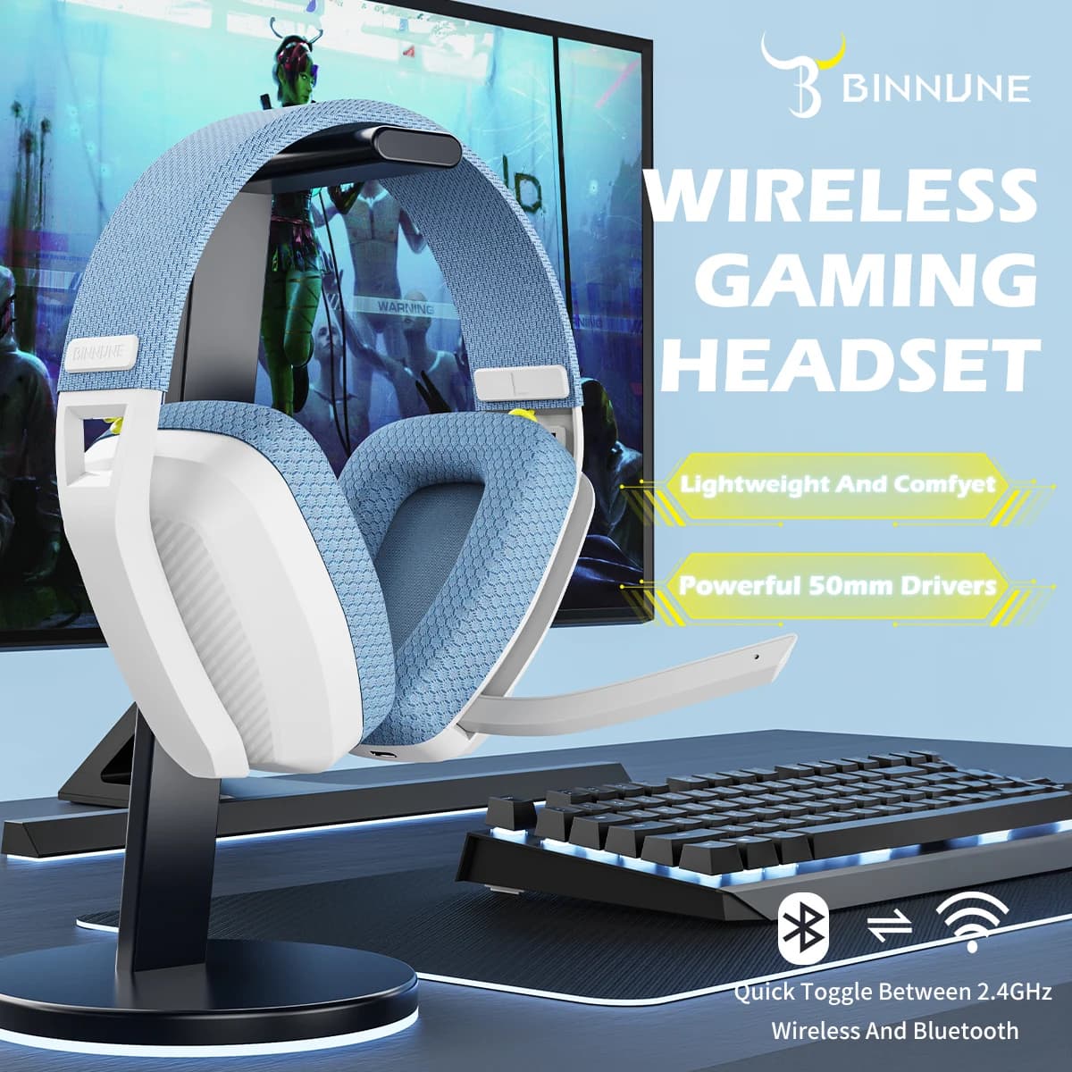BINNUNE BW06 Bluetooth Headphones Gamer with Microphone 2,4 GHz wireless gaming heads with PS5 PS4 PC Mac Playstation microphone