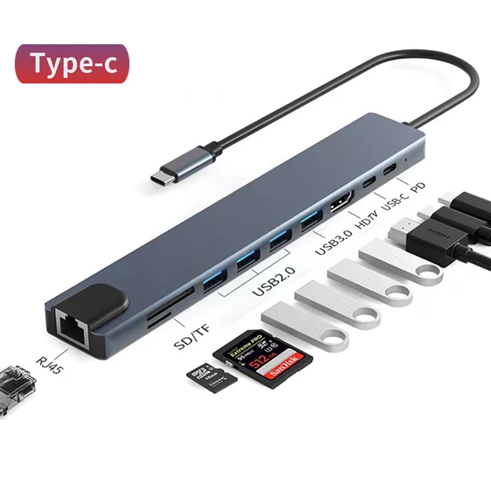 with HDMI to Type C HUB Converter 4K HDTV RJ45 100Mbps PD 90W Charging USB Cable Splitter Micro SD Card Reader Extend Adapter