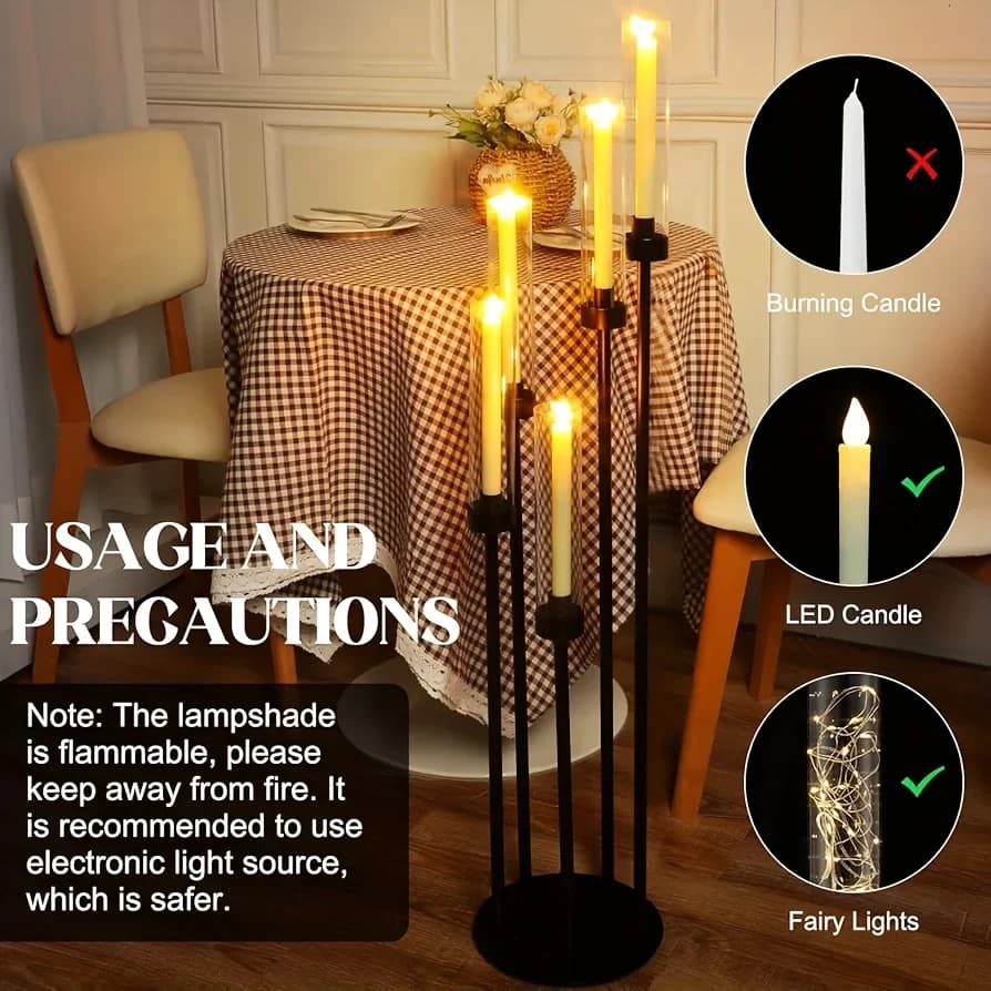 2 Pezzi Candelabri a 5 Braccia per Tavoli di Halloween, Portacandele da Terra Alto 42,5'' in Metallo con Paralume in Acrilico per Decorazioni di Matrimoni, Feste, Compleanni, Natale (Nero)