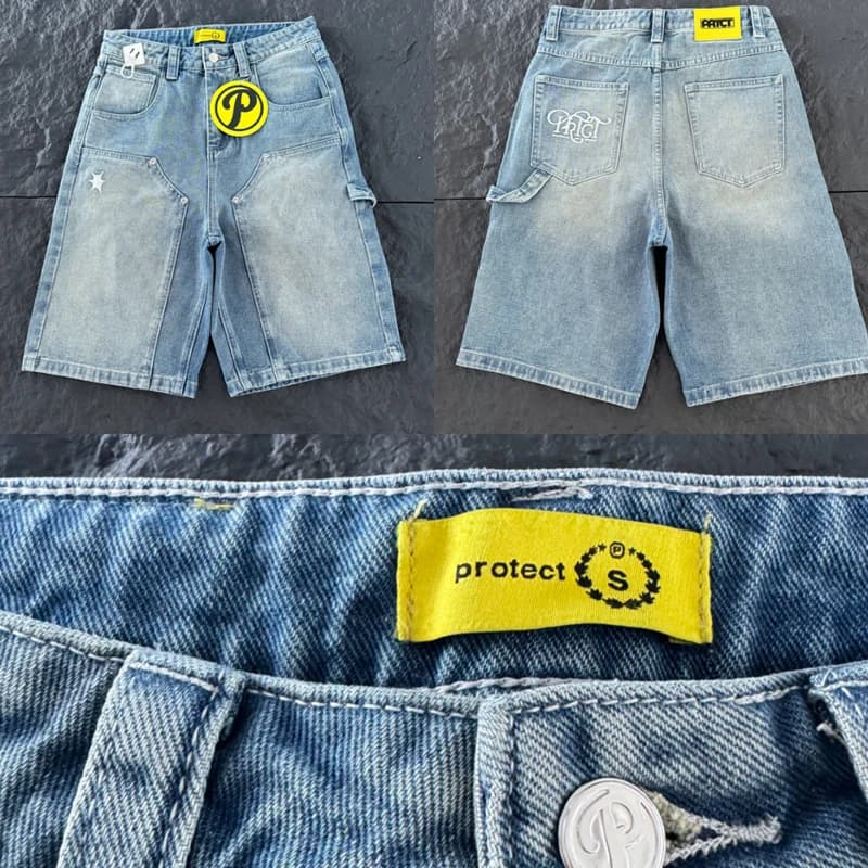 High Street New Protect Denim Shorts Summer Men Women Casual Loose Straight-leg Embroidery Jeans