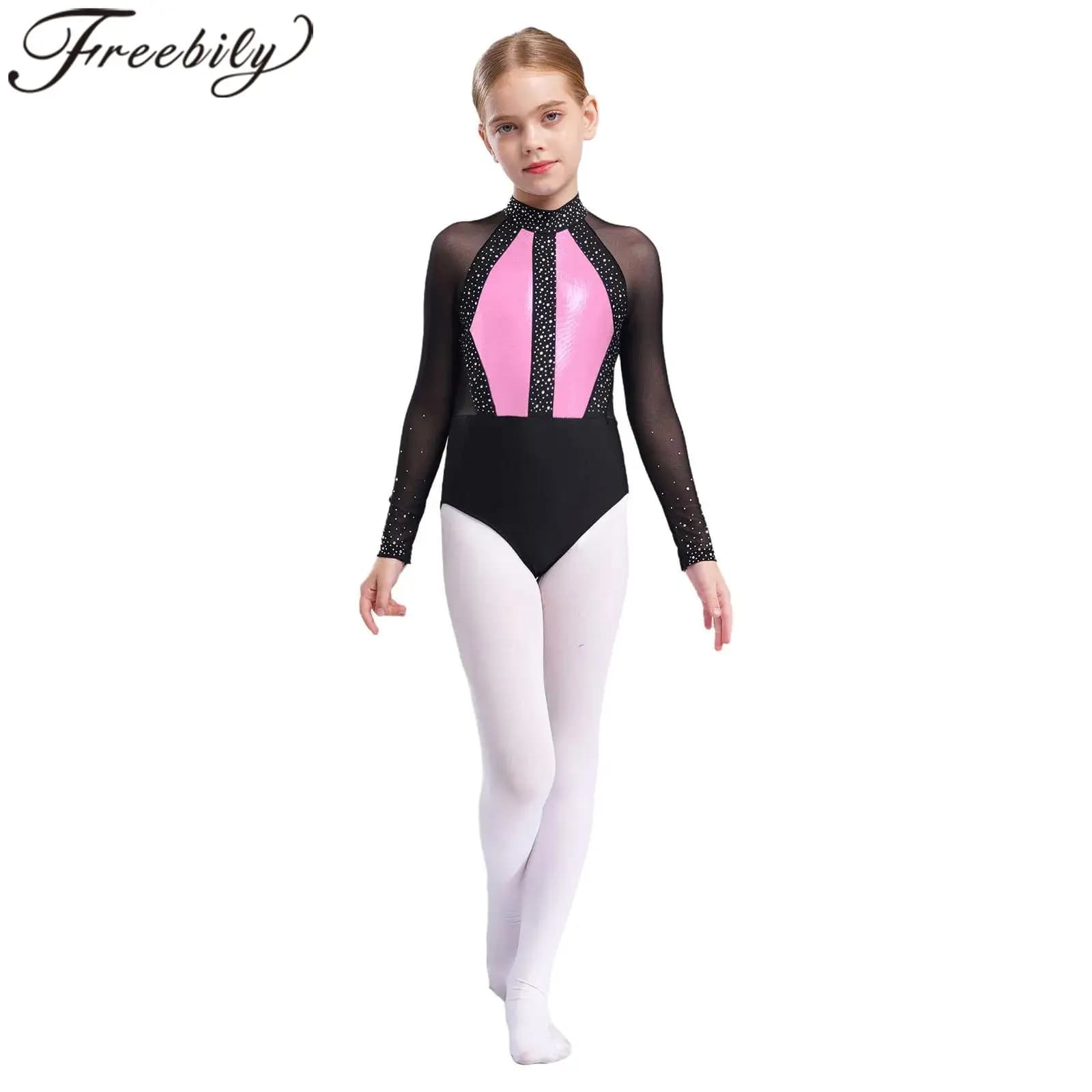 Body da ginnastica per bambini a blocchi di colore per ragazze Adolescenti Strass lucidi Manica lunga Body da pattinaggio di figura Body da ballo per bambini
