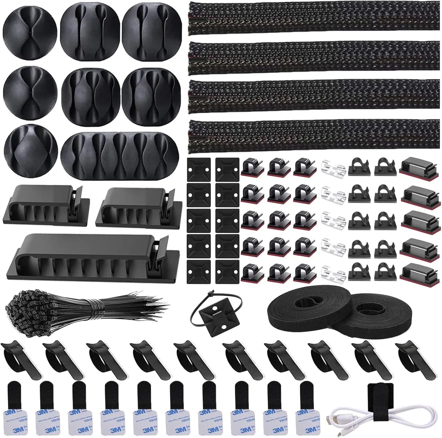 Kit di gestione cavi da 192 pezzi - Guaine organizer per cavi, fermacavi, fascette per cavi per scrivania, TV, computer - Nero e trasparente