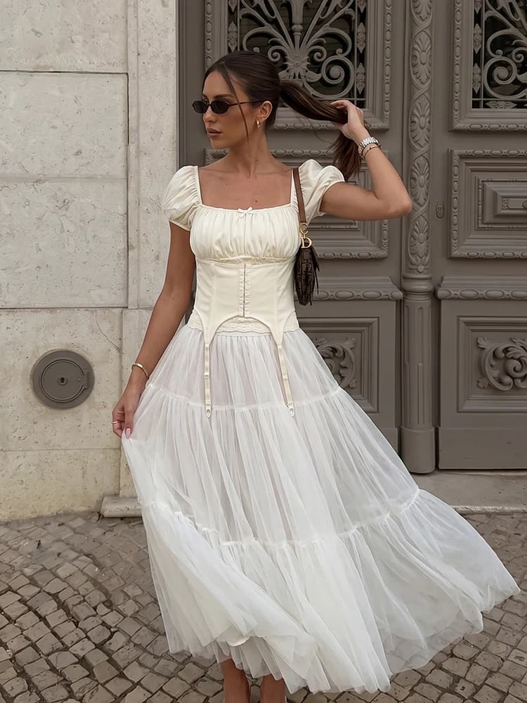HH Summer Women Square Neck Puff Sleeve Top, Lace Ruched Corset Waist Slim Short Blouse For Daily Vacation Party Casual Wear