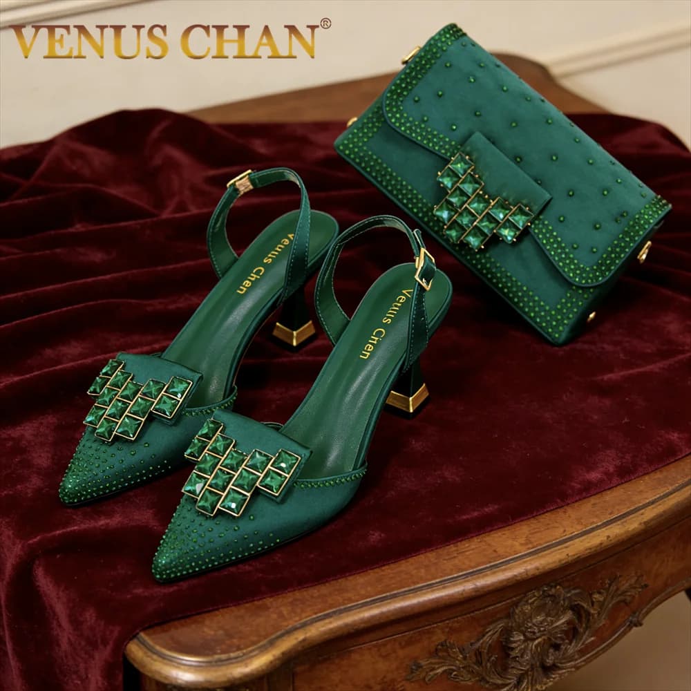 Scarpe da donna con tacco alto con strass verdi e borsa abbinata - Calzature eleganti a punta per feste e occasioni speciali