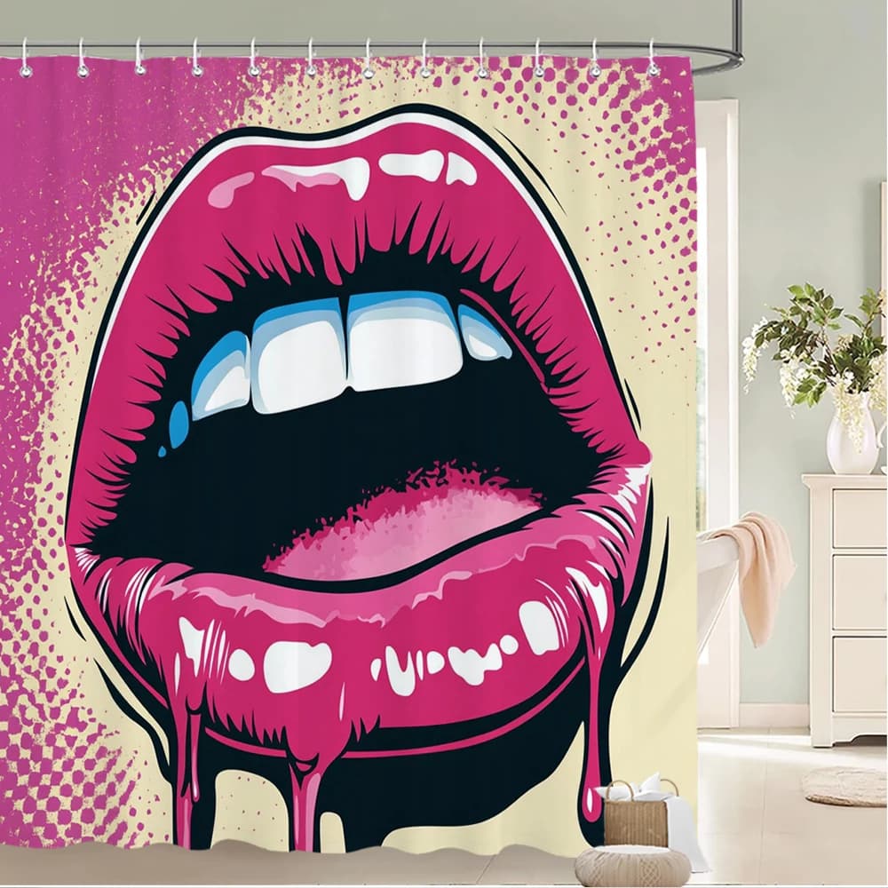 Tenda da doccia moderna con motivo a labbra rosa romantiche, tenda da bagno stampata con motivo Love Girl per la decorazione della casa