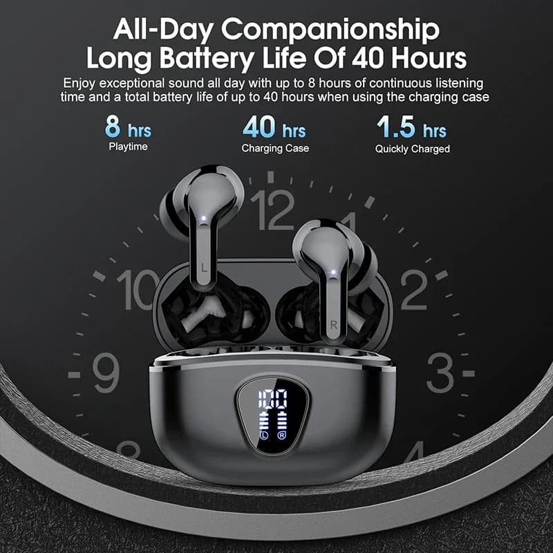 Wireless earphones BT5.4 with LED display HiFi stereo earphones with 48 hours of playback ENC Headphones with noise cancellation