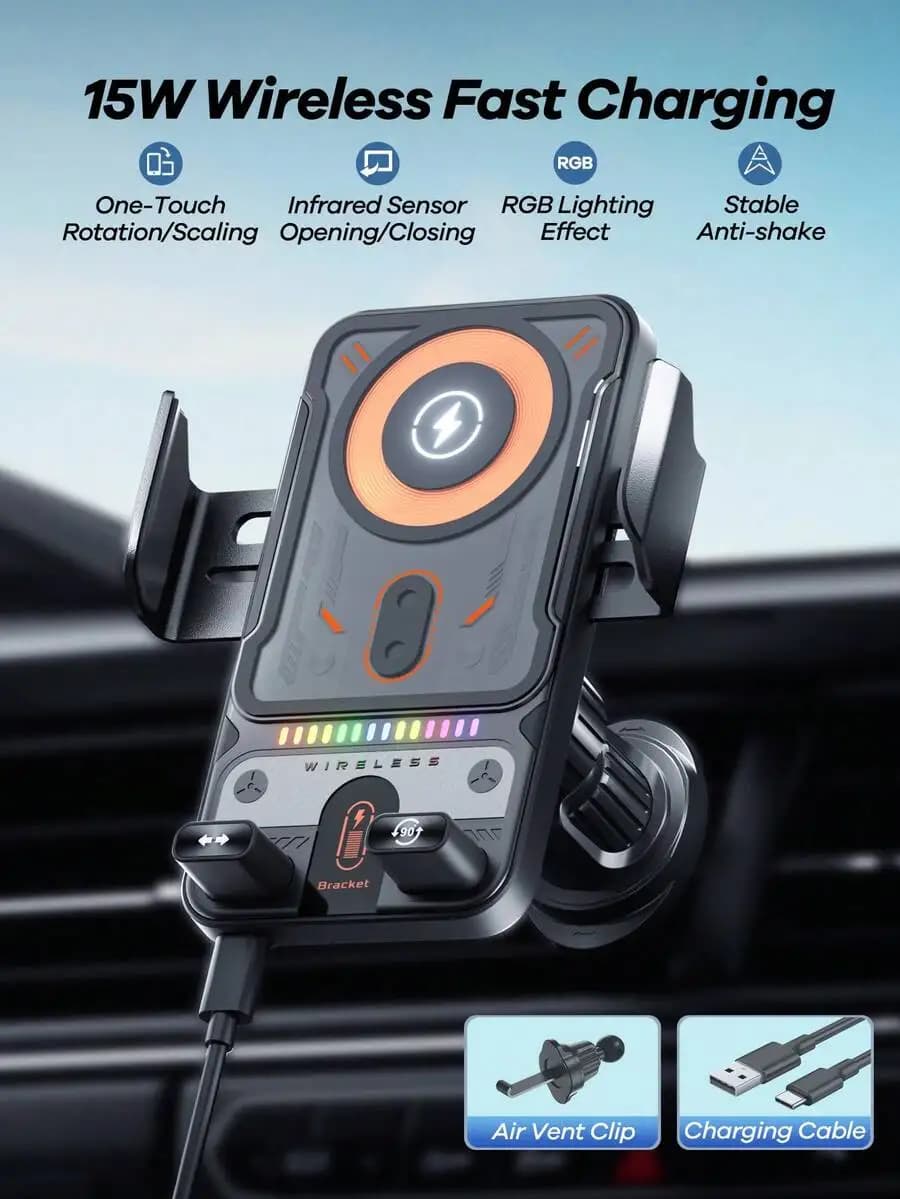 Supporto per Telefono da Auto Wireless 15W con Apertura/Chiusura Automatica a Infrarossi, Illuminazione RGB, One-Touch 90° ° Rotazione, supporto per custodia, ricarica rapida Type-C