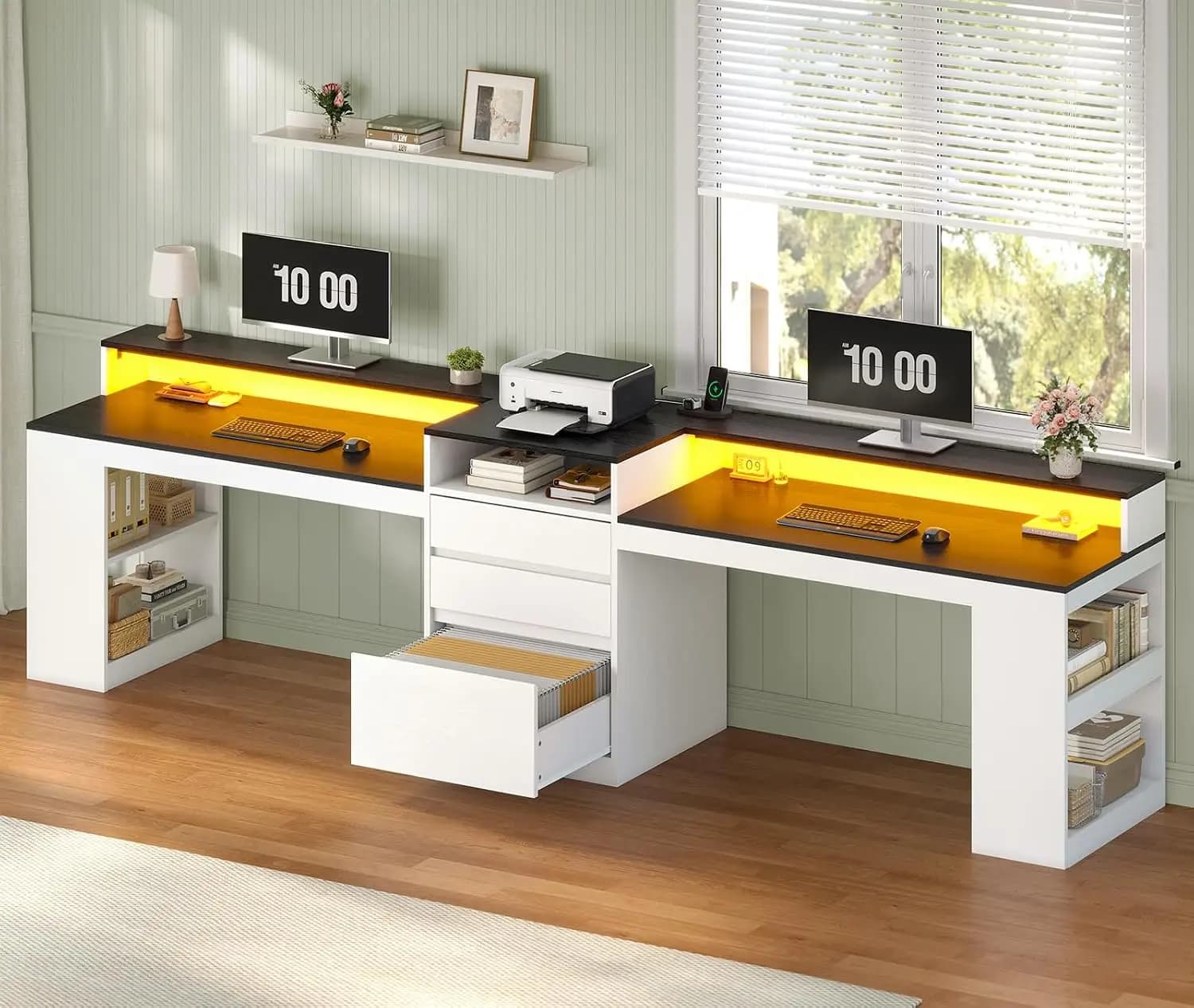 96.6" Double Desk with LED & Power Outlet, Workstation with Drawers, Monitor Stand, Shelf, Home Office, Customized