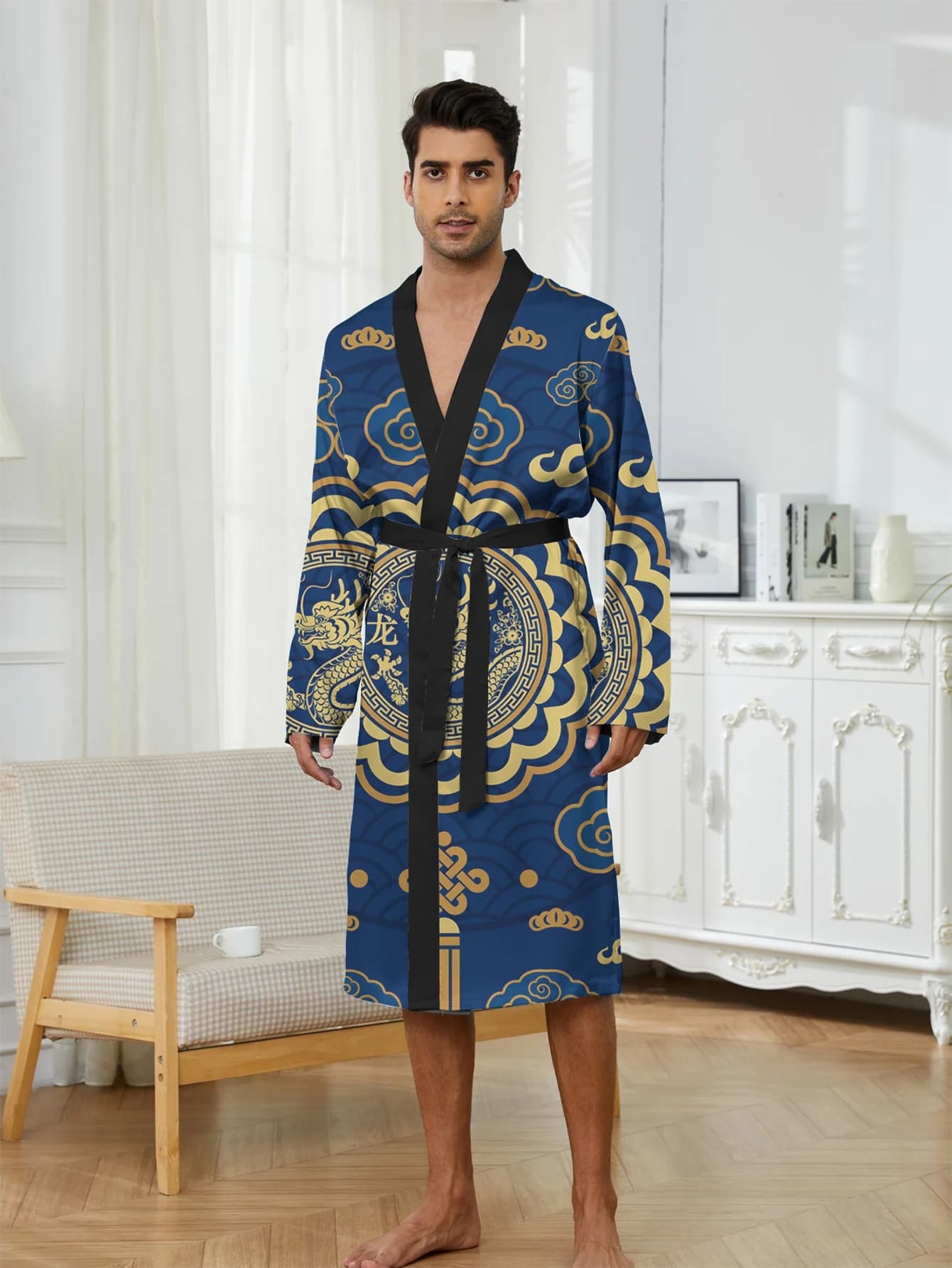1pc of Men'S Robes for Spring 2026, Featuring 3D Printed Designs. This Polyester Bathrobe Is Quick-Drying And Stylish