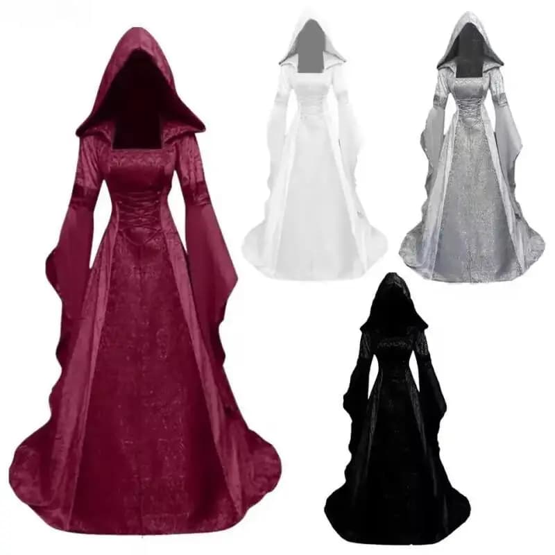 Halloween Carnival Pagan Witch Cosplay Gown Vintage Renaissance Deluxe Hooded Maxi Train Medieval Long Robe For Wedding Theme