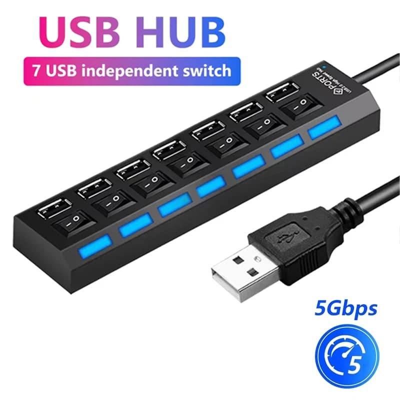 7 Port USB 2.0 Hub Splitter For Laptop Computer Accessories LED Indicator Independent Control Office Home Workstation Supplies