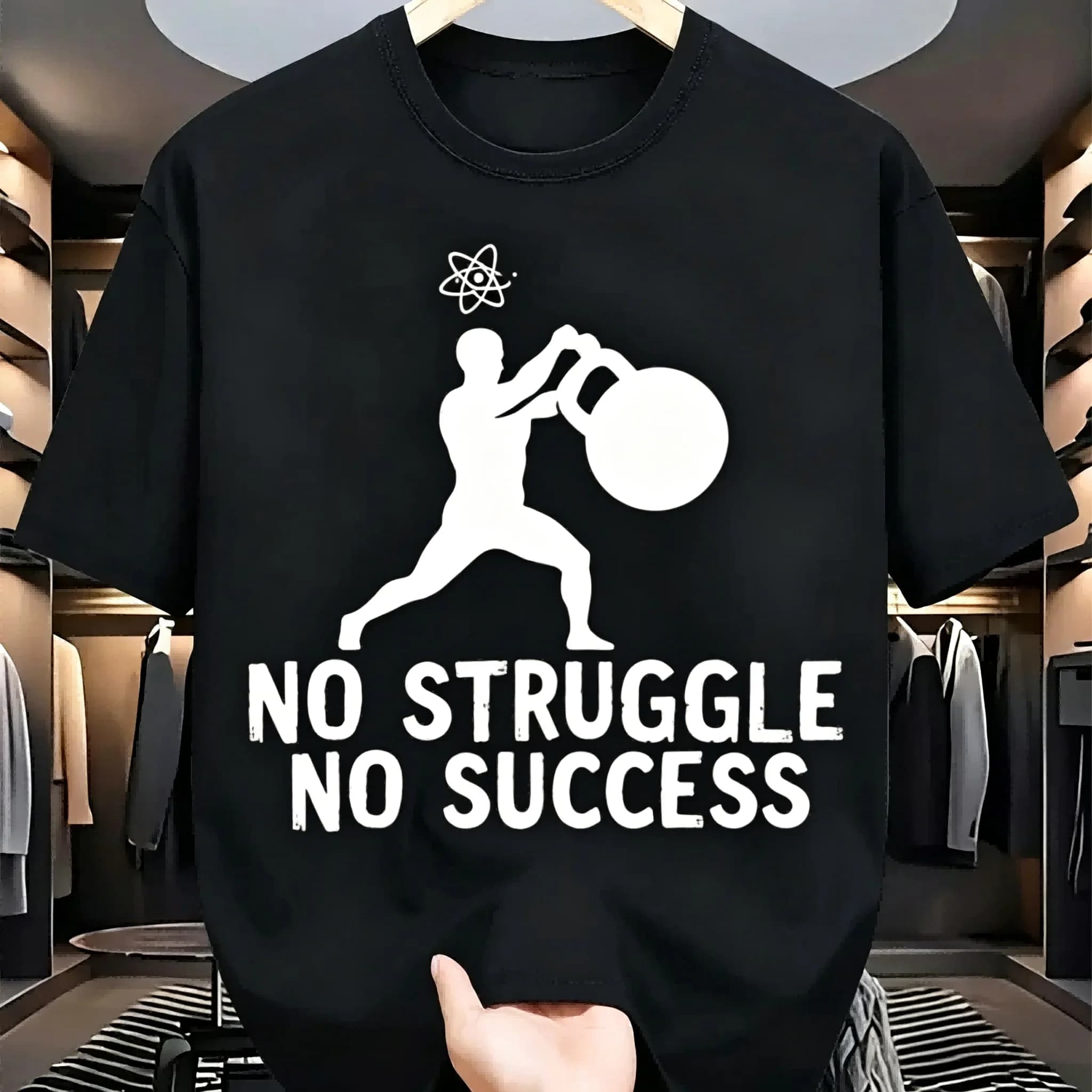 T-shirt da palestra No Struggle No Success da uomo in cotone nero per bodybuilding e kettlebell a maniche corte
