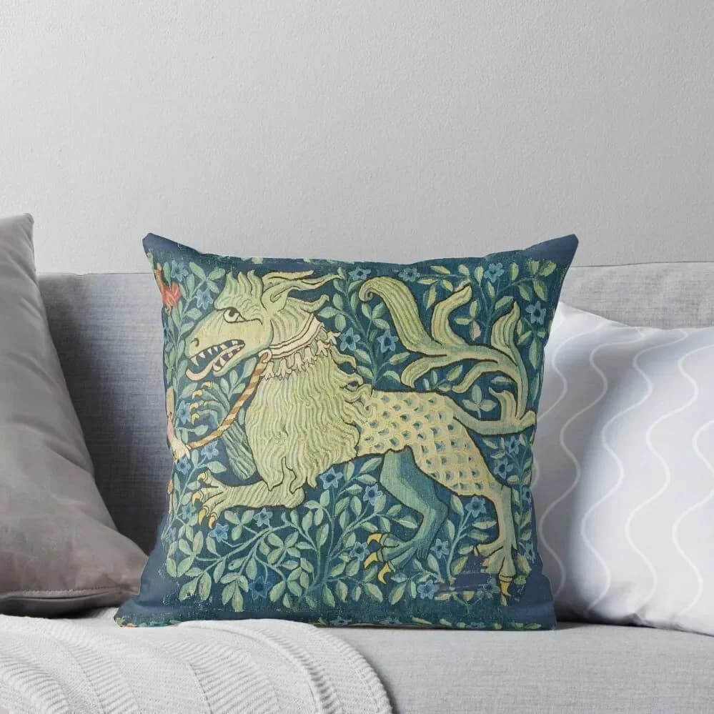 MEDIEVAL BESTIARY Leo as the beast with blue flowers, decorative pillow covers for sofa cushions