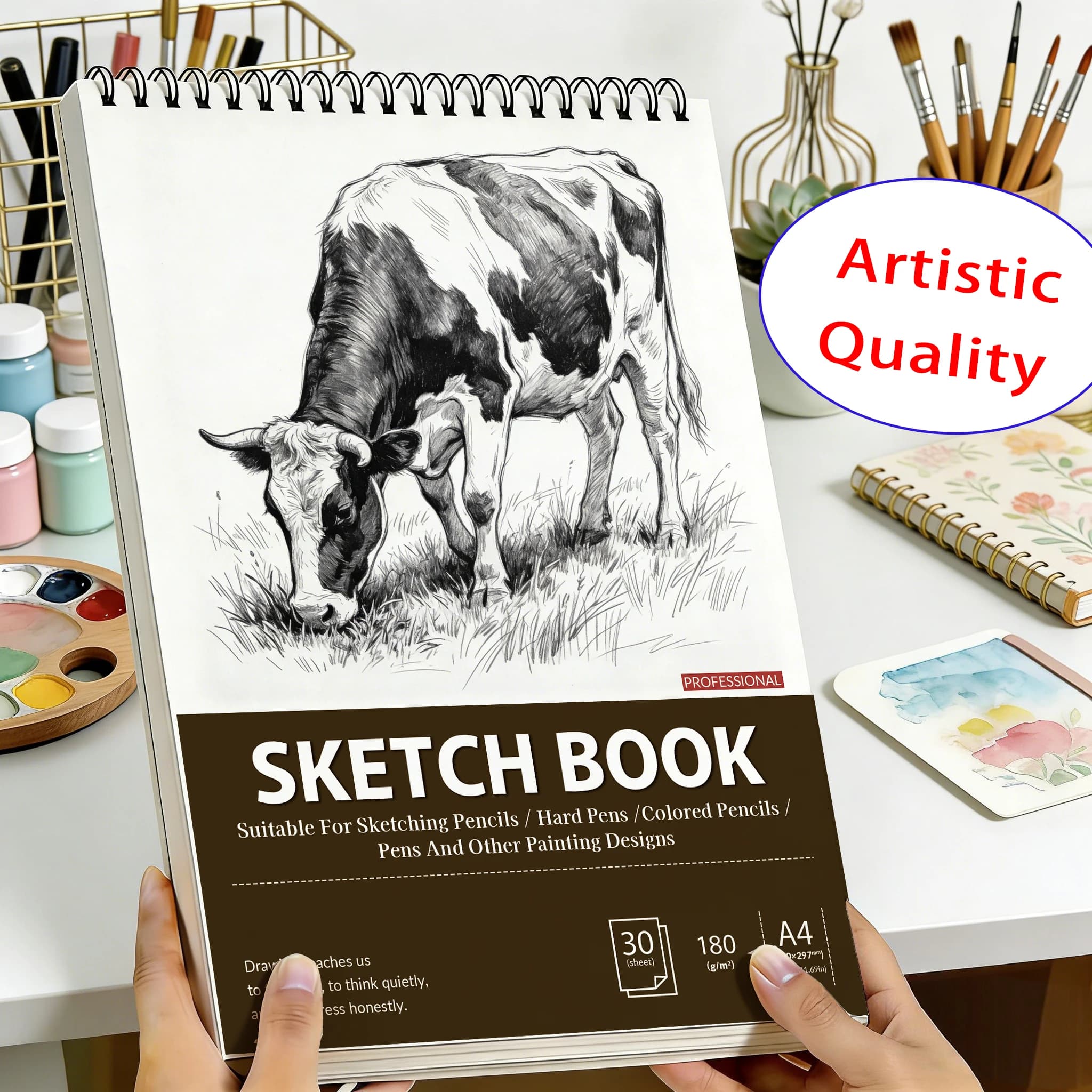 A4 Spiral Sketchbook 180gsm, Holstein Cow Grazing Cover, 30 Sheets Acid-Free Art Pad for Back to School & Gifting