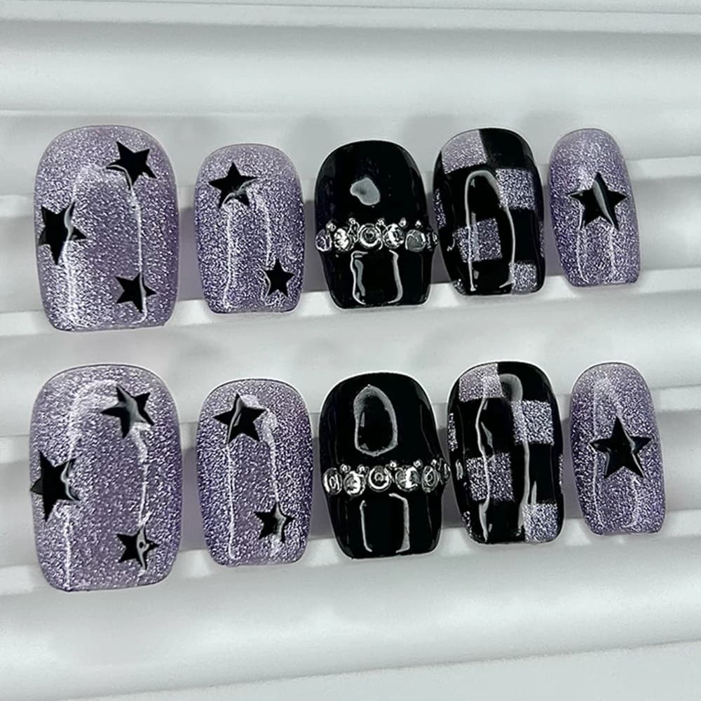 10 Pezzi Avanzati Spice Girls Y2K Stampa fatta a mano sulle unghie Glitter Viola Cat Eye Nail Art Stelle Scacchiera Unghie finte corte