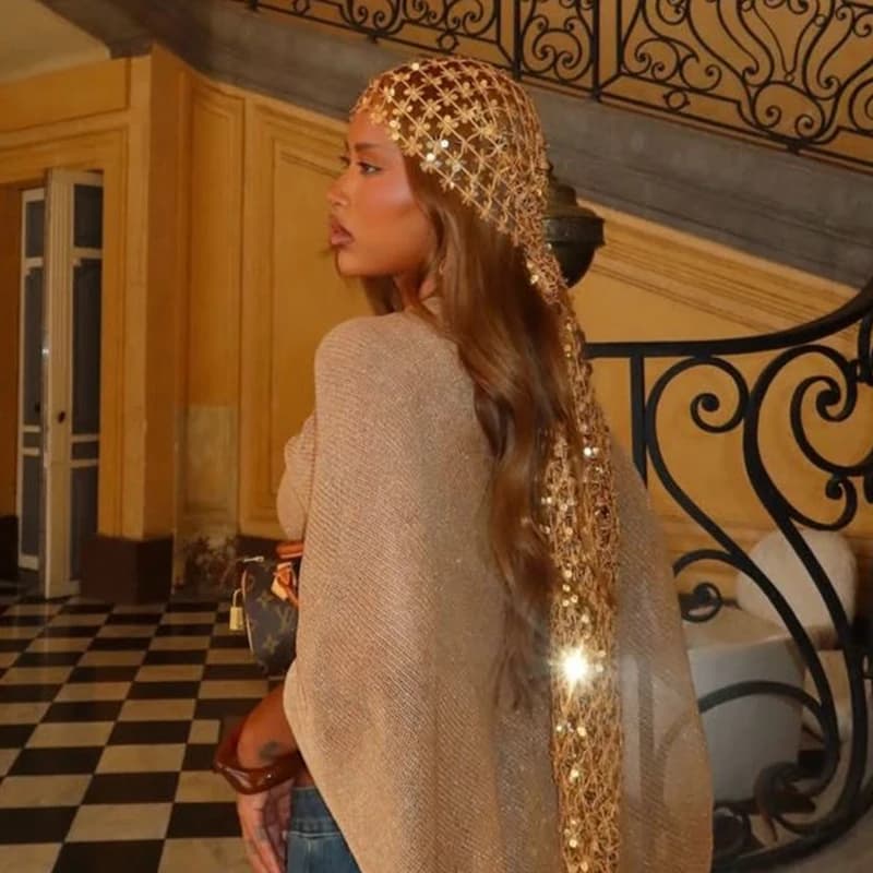 Foulard Boho con Paillettes e Nappe Oro Nero per Donna, Copricapo Scintillante per Festival, Spiaggia, Matrimonio, Accessorio per Capelli da Sposa, Sciarpa Decorativa