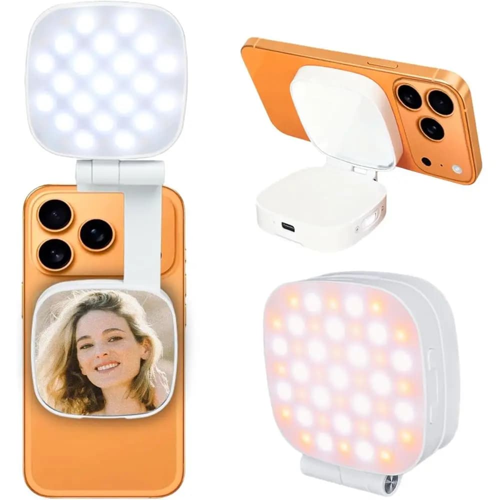 Luce ad Anello Portatile 3-in-1 con Specchio, Compatibile con Smartphone, Ideale per Bellezza, Fotografia e Videochiamate
