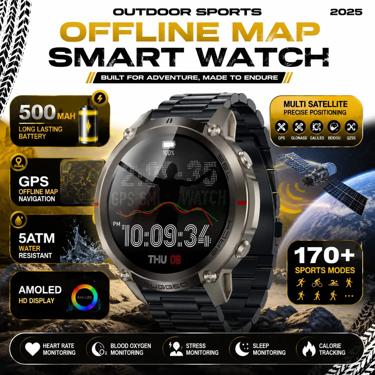 New GPS Sports Smartwatch, Offline Map Navigation, 1.43 AMOLED Display, 5ATM Waterproof, Heart Rate SpO2, Compass Altimeter Data