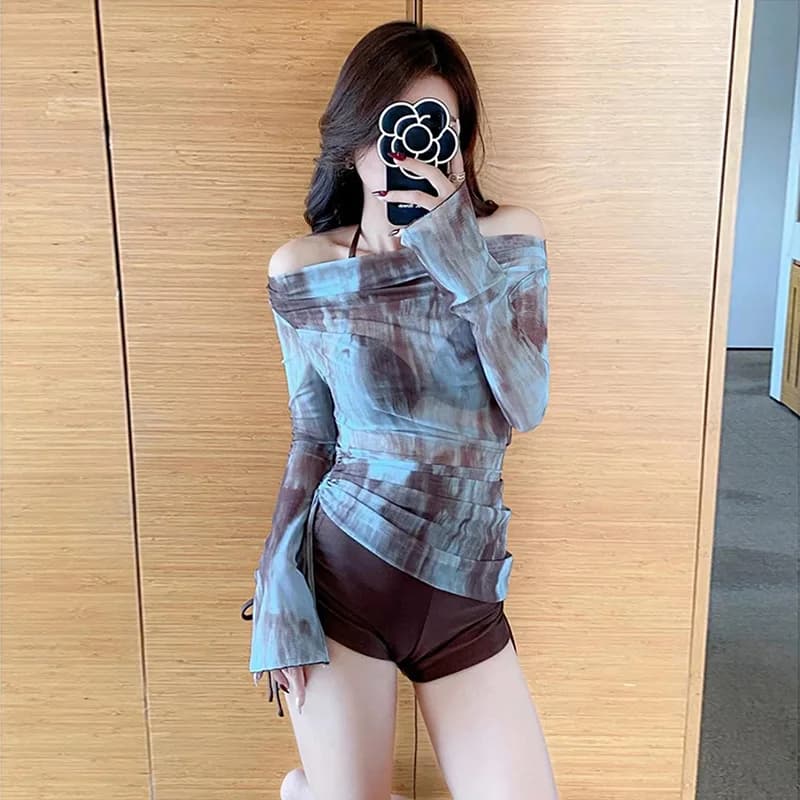 Costume da bagno da donna diviso in tre pezzi a maniche lunghe moda tie-dye camicetta bikini sexy costume da bagno conservatore e sottile