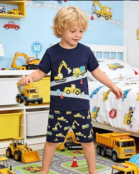Little Hand Toddler Boys Short Sleeve Pajama Set Kids Cartoon Engineering Vehicle Print T-Shirt Summer 2 Piece Sleepwear Outfit