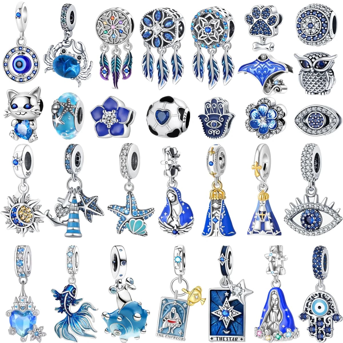 Original 925 Sterling Silver Blue Charms Dreamcatcher Starfish Devil's Eye Beads Pendants Fit Bracelet Necklace DIY Jewelry Gift