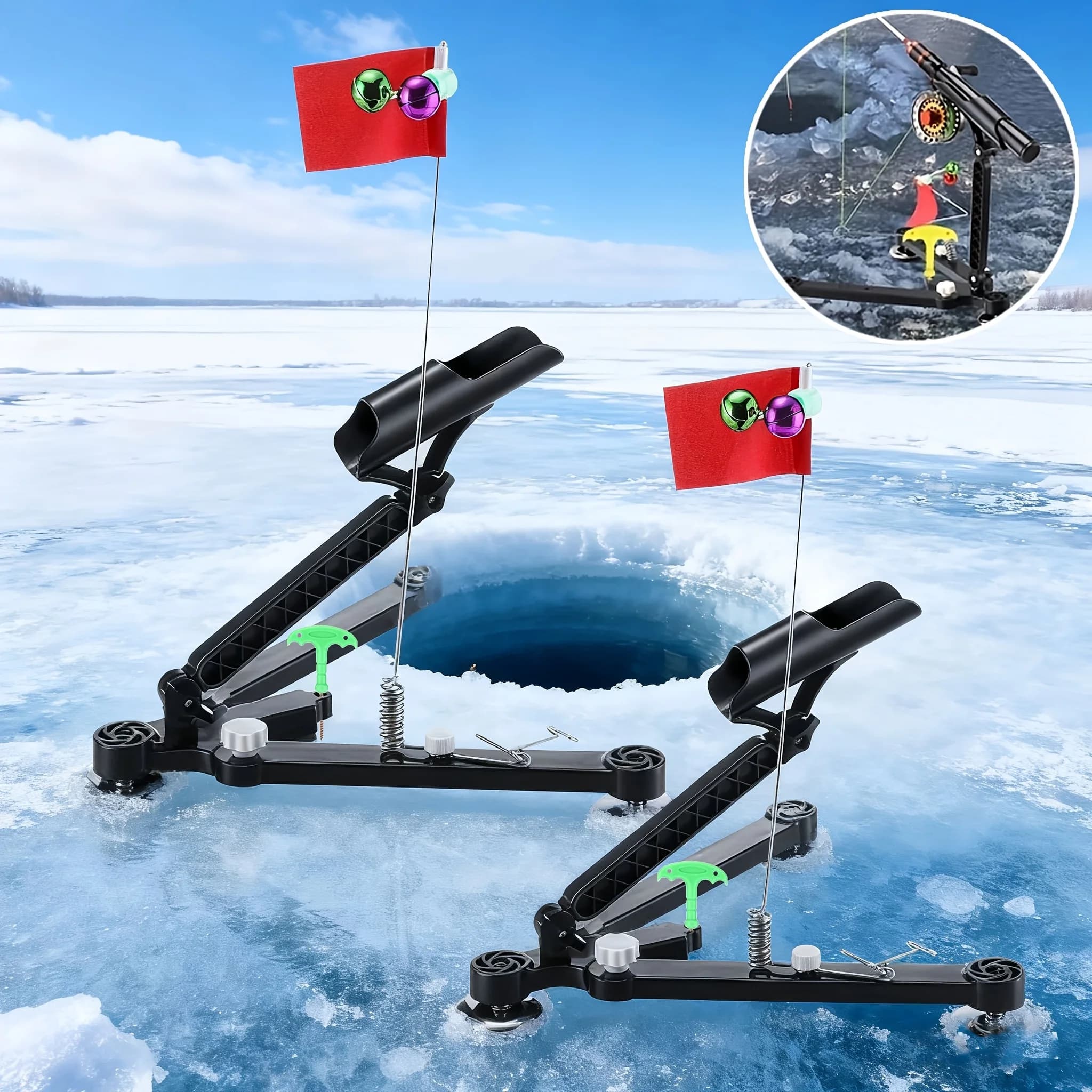 Fishing rod on the foldable ice with bell and flag - Bracket compatible with adjustable ice core, portable accessories for winter fishing