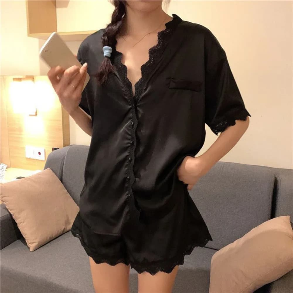Sweet Ice Silk Lace Pajama Suit Short-sleeve V Neck Sweet Short Pajamas Loose Women Sleepwear Two Pieces Sleepwear Sets Summer