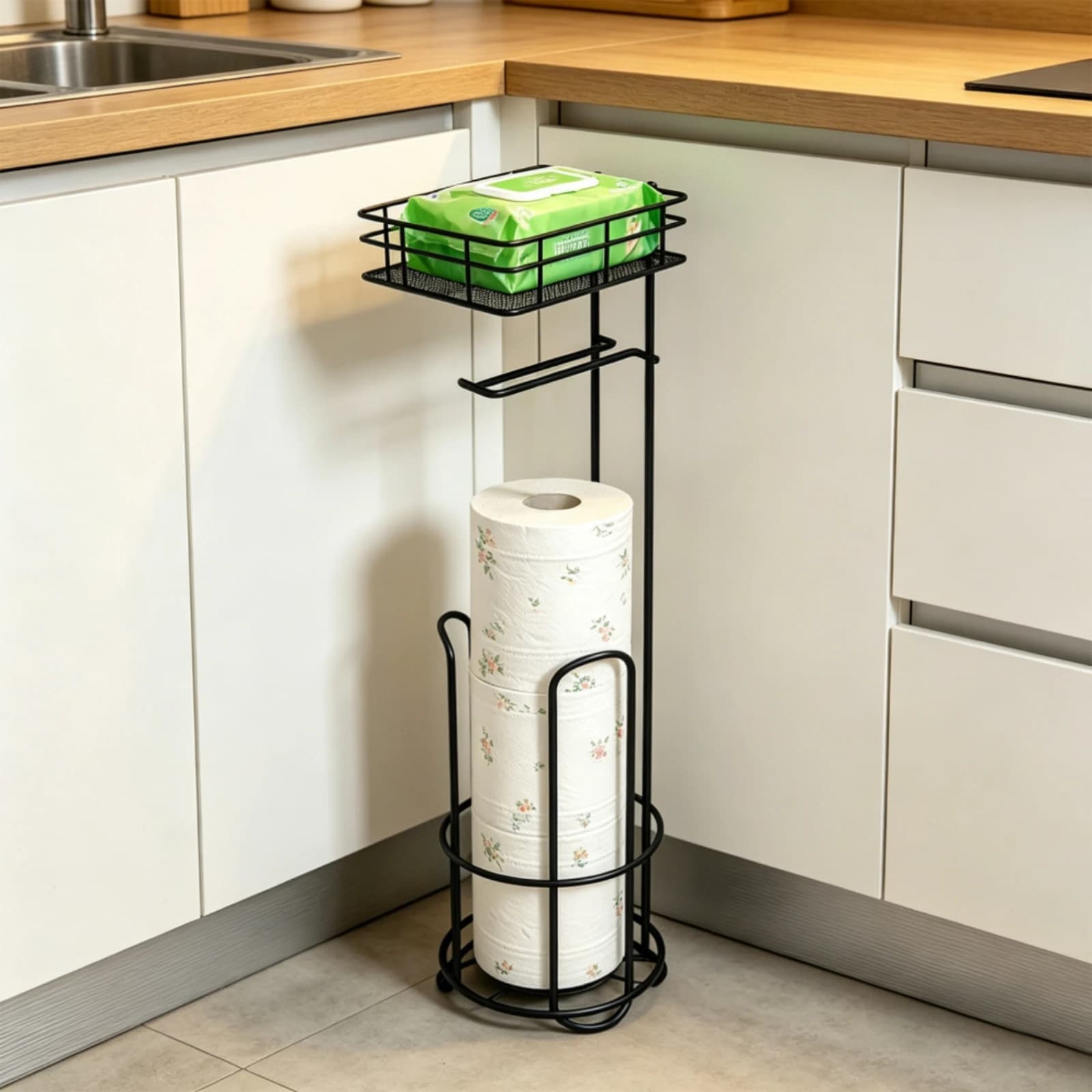 Toilet Roll Stand with Basket Matte Black Freestanding Bathroom Tissue Holder Bathroom Tissue Stand with Shelf Slim