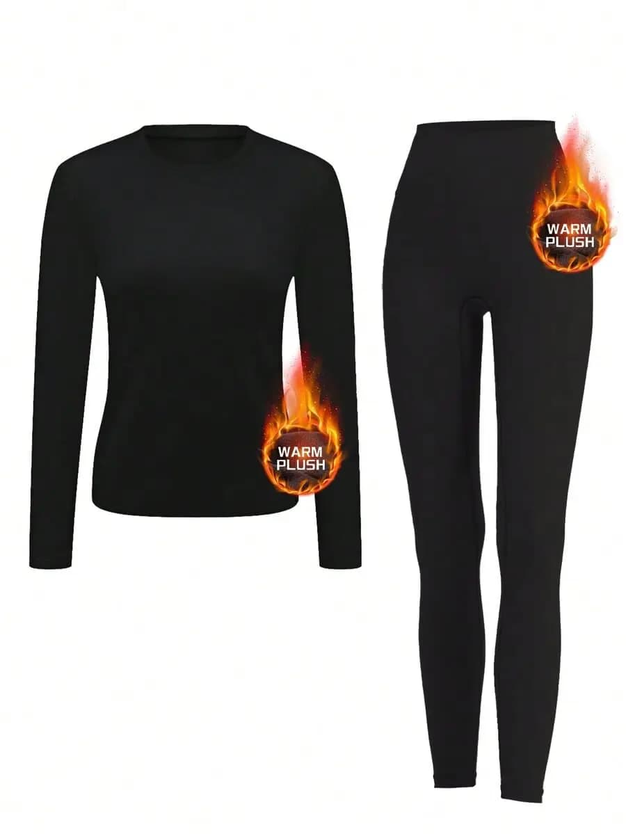 Women's Solid Color Fleece Thermal Underwear Set, Base Layer, Warm Tight Pants Long Sleeve Set, Yoga Outfit Winter