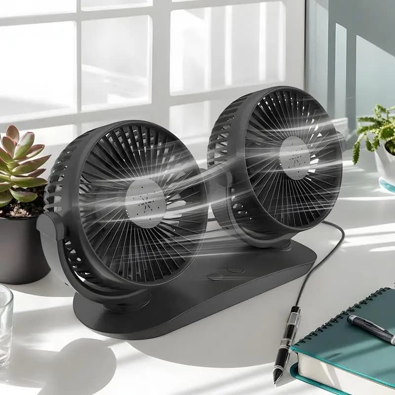Ventilatore per auto a doppia testa Ventilatore elettrico per auto a doppia testa Vento forte Dispositivo di raffreddamento a basso rumore Accessori per cruscotto con rotazione a 360 gradi