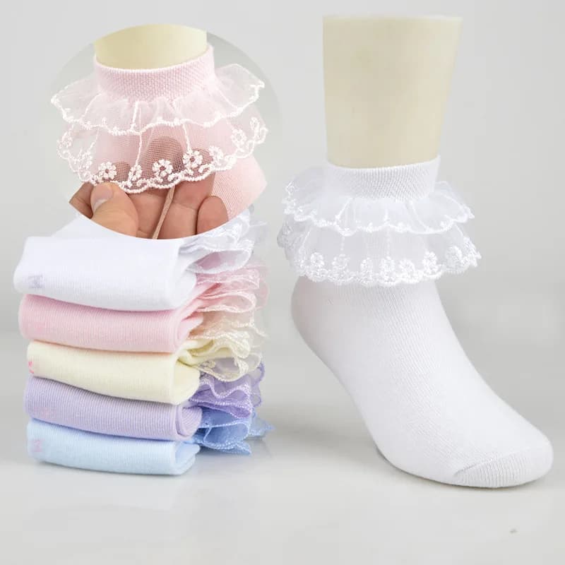 2Pcs/pair Cotton Lace Ruffle Princess Mesh Breathable Socks Children Ankle Short Sock White Pink Blue Baby Girls Kids Toddler
