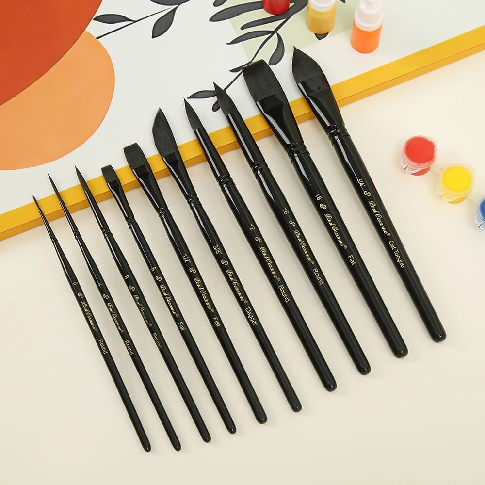 10-Piece Set Wooden Handle Nylon Bristle Cat Tongue Flat-Tipped Round-Point Watercolor Oil Acrylic Painting Brushes