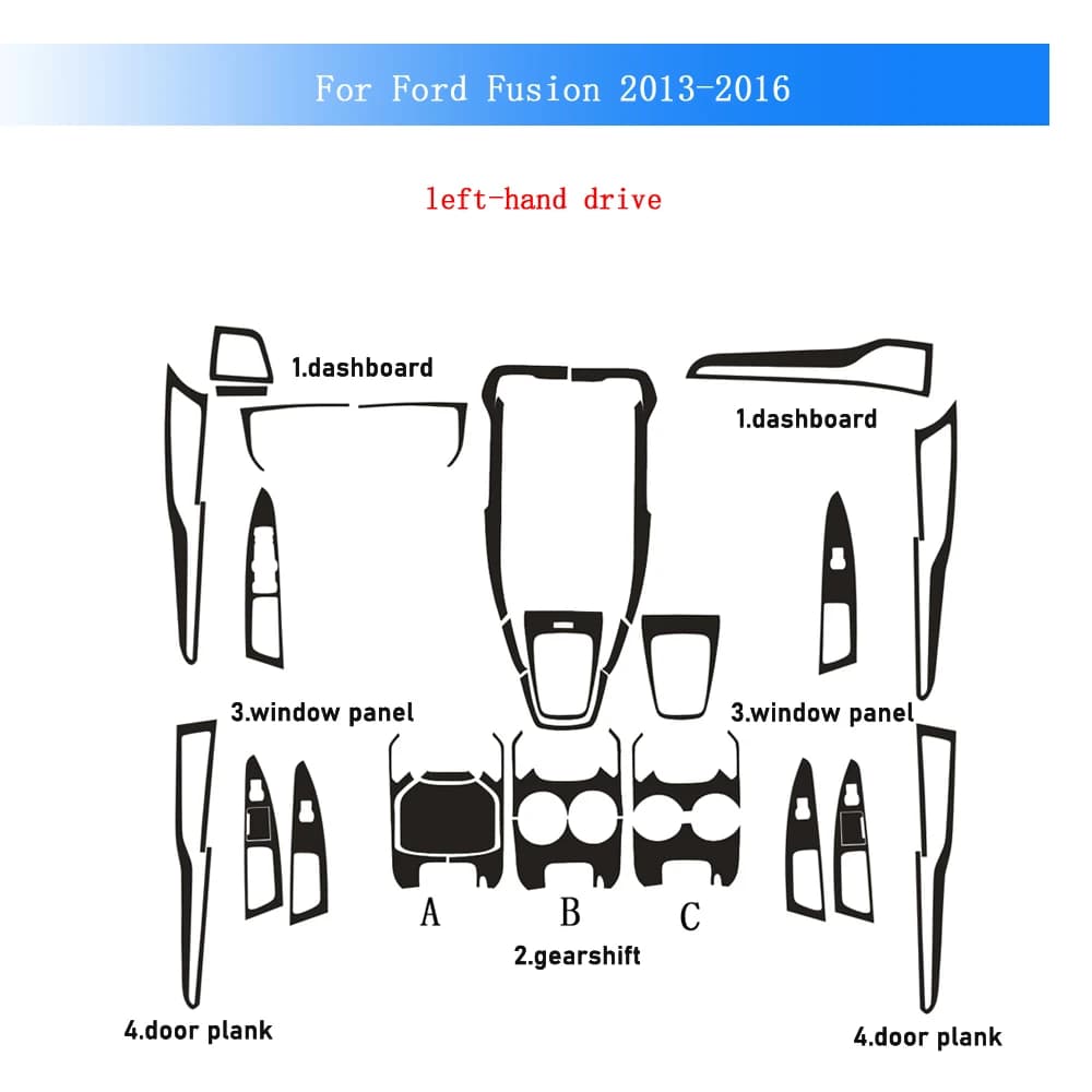 Pellicola in Fibra di Carbonio per Ford Fusion 2013-2016, Adesivo per Interni Auto, Console Centrale, Cruscotto, Maniglie Porte, Pannello di Sollevamento