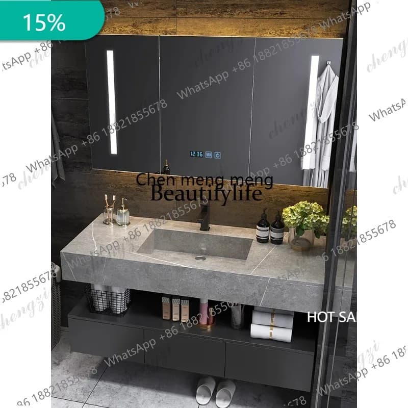 EE182 Stone Slab Integrated Basin Cabinet High-end Bathroom For Home Use Mirror Toilet Washbasin Hand Wash Combination Hotel Mod