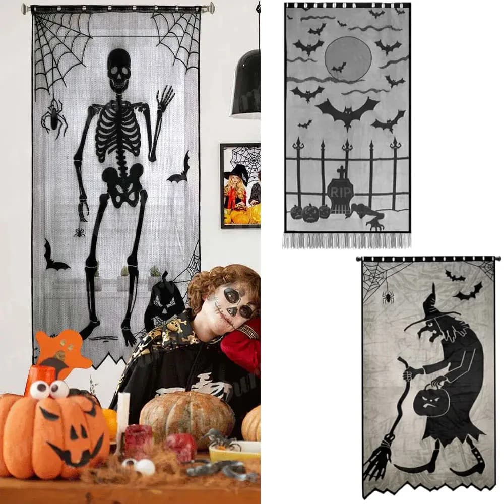 Decorazioni per finestre di Halloween Tenda per porta di Halloween Scheletro e pipistrello Pannello in pizzo nero per decorazioni per la casa stregata
