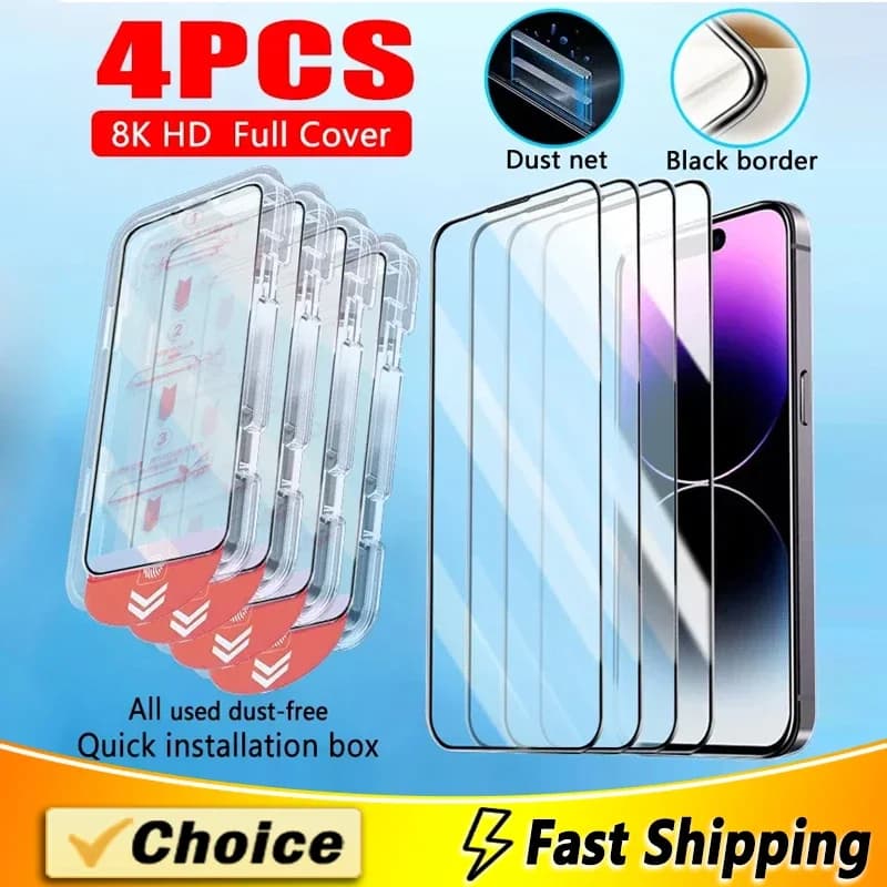 Pellicola salvaschermo per installazione senza polvere con rivestimento oleorepellente HD 4 pezzi per iPhone 13 11 12 14 15 Pro Max X XS MAX vetro temperato