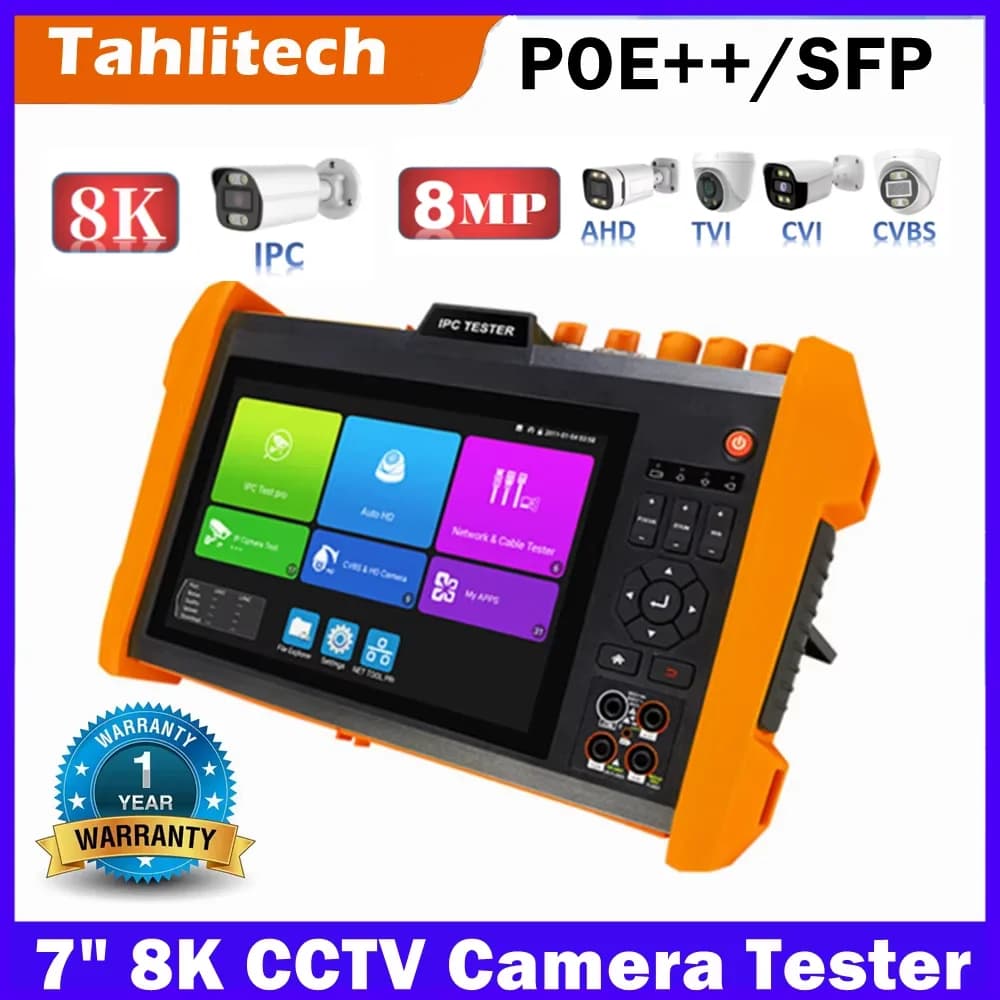 CCTV IPC Tester Camera 7 inch 8K IPC 8MP CVI TVI AHD SDI 6 In 1 Tester POE++ SFP VGA HDMI Input Color Bar Generator Cable Tracer