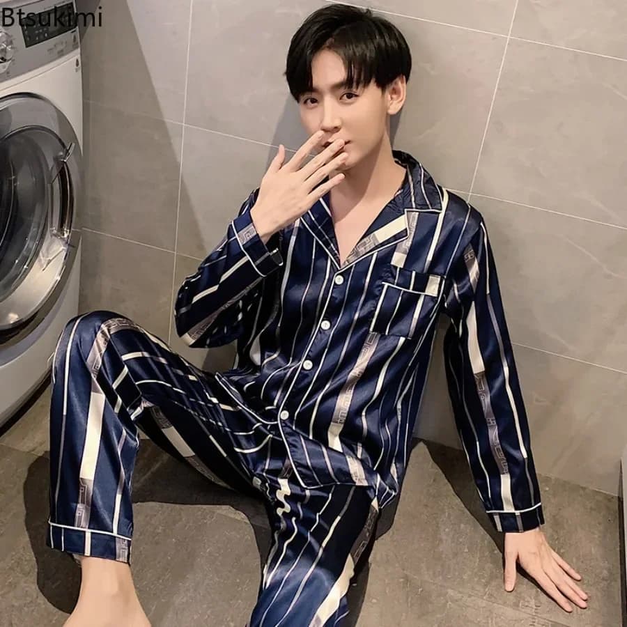New Loungewear Moda uomo Manica lunga + Pantaloni Set pigiama morbido in raso Comfort Jacquard Seta ghiacciata Abbigliamento da casa Abito da notte per uomo