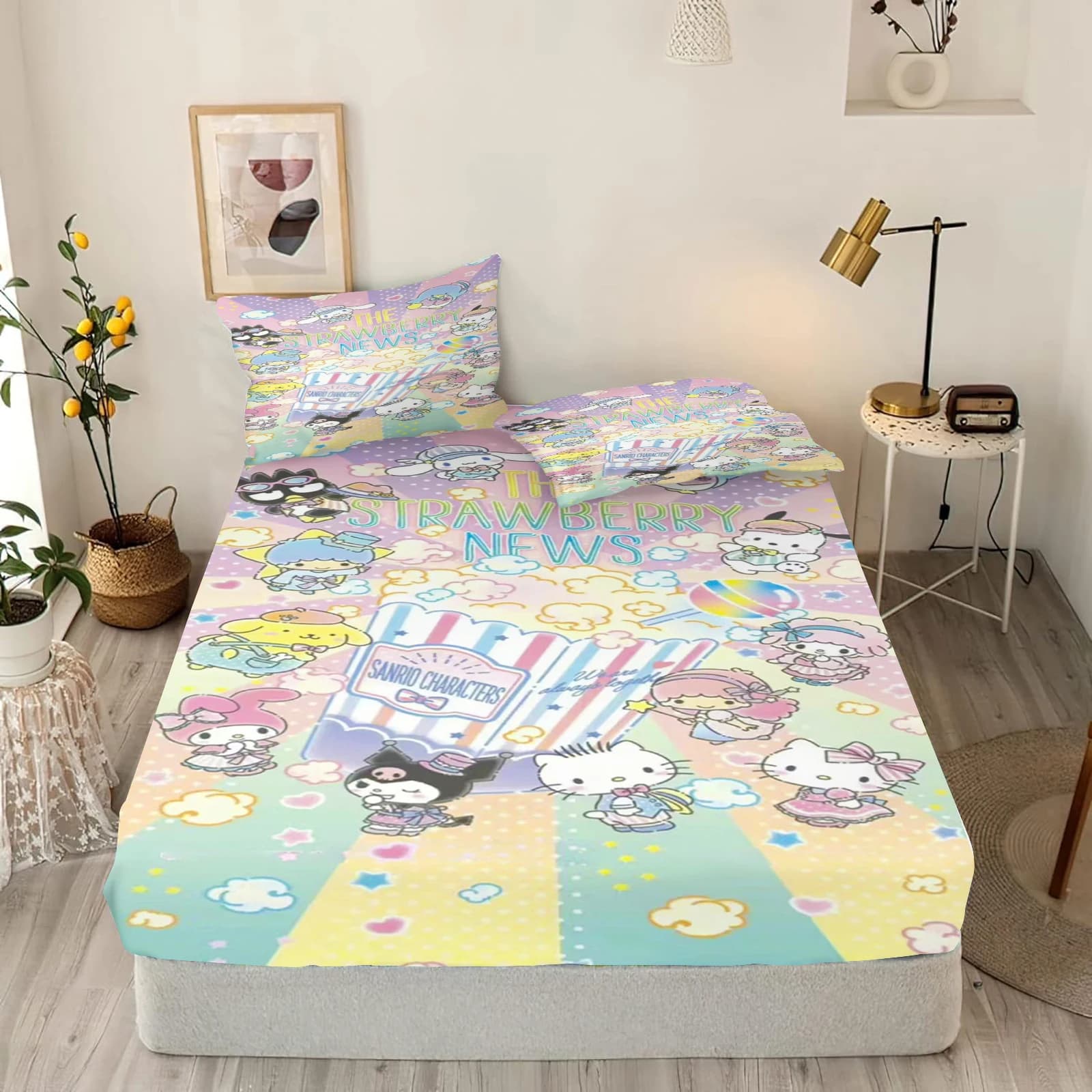 Lenzuolo con Angoli Hello Kitty, Motivo Gatto, Stampa Digitale Carina, per Neonati e Adolescenti, con Copriletto, Biancheria da Letto Elastica