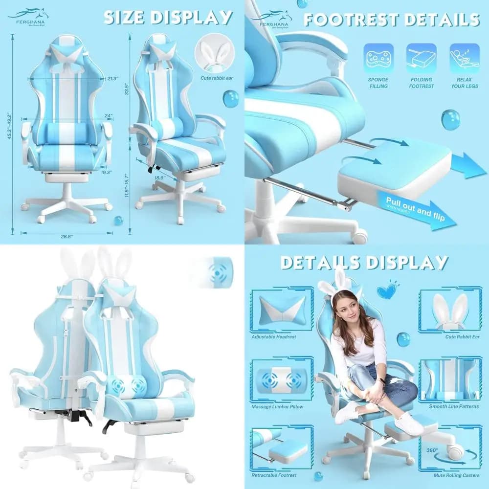 Sedia da Gaming Ergonomica Azzurra con Orecchie da Coniglio, Seduta Reclinabile in Pelle per Bambini e Adulti