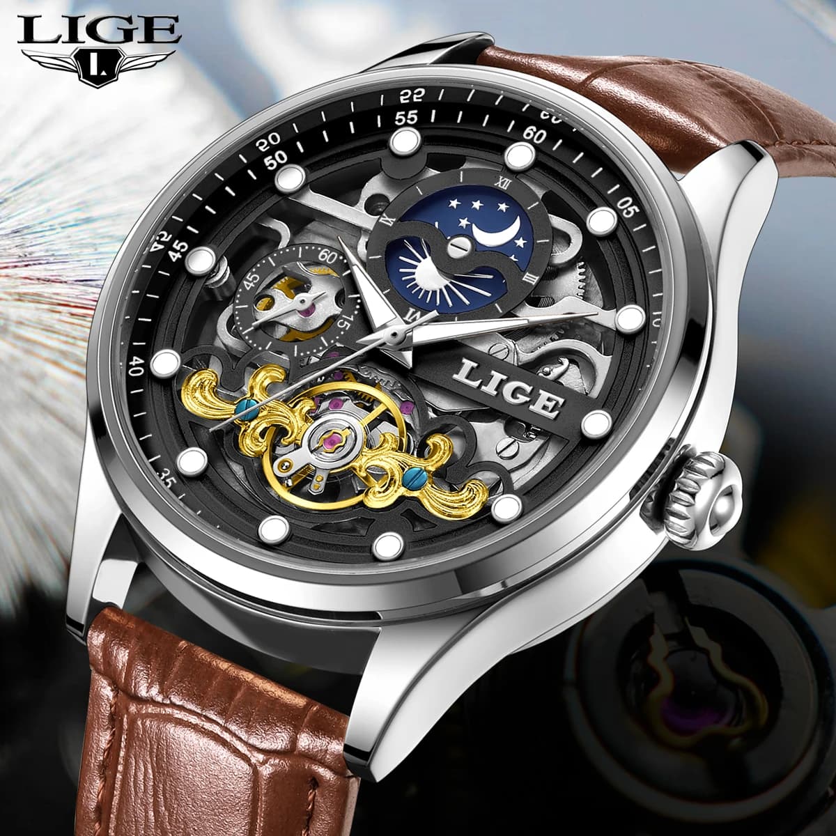 Orologio da Uomo LIGE di Lusso, Scheletrato con Tourbillon, Automatico Meccanico, Impermeabile + Scatola per Orologio