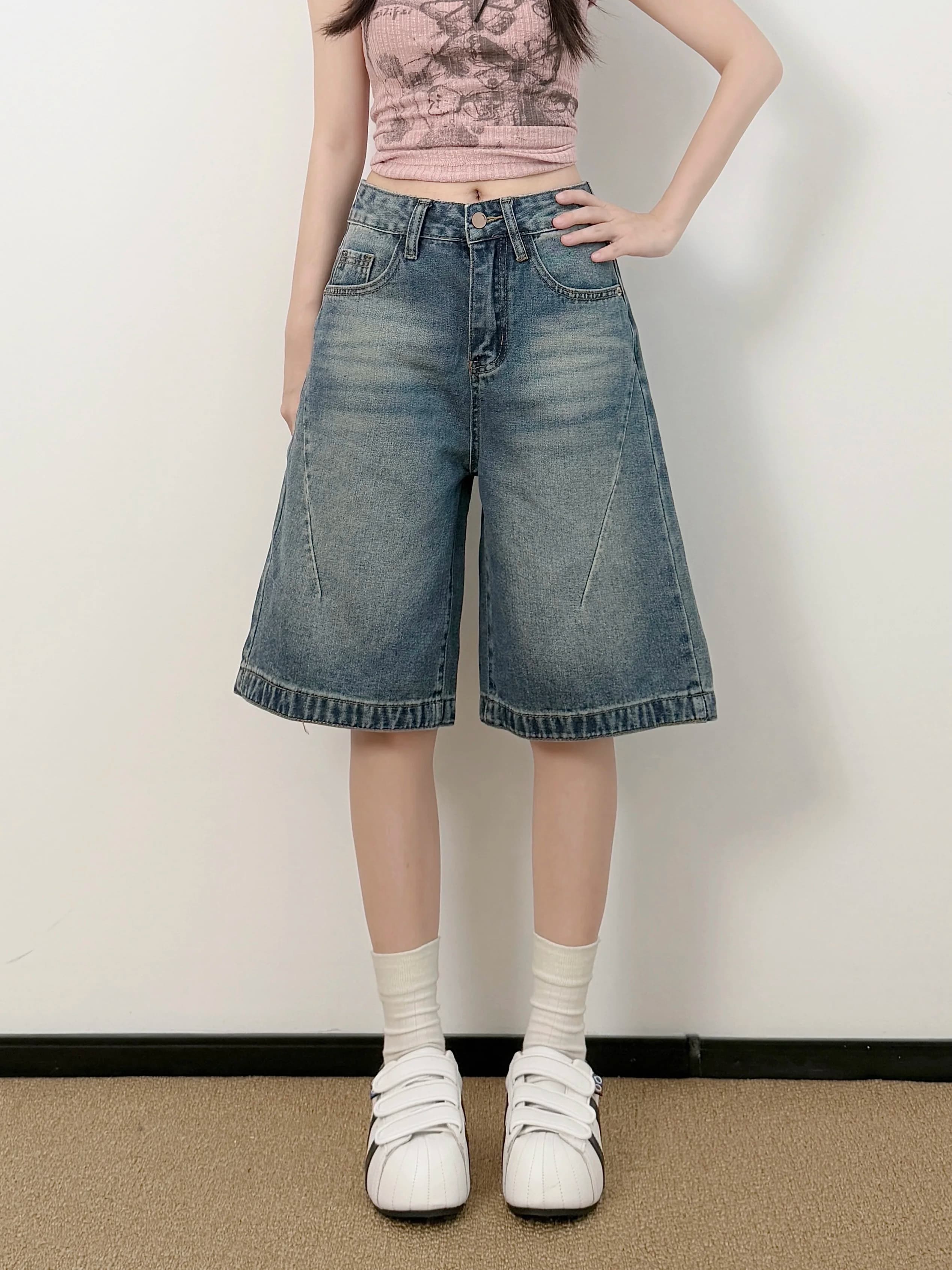 Retro Faded Low Waist Wide Leg Five-Point Jeans Women's Shorts Summer Loose Straight A-Line Mid-Pants American Style Casual Wear