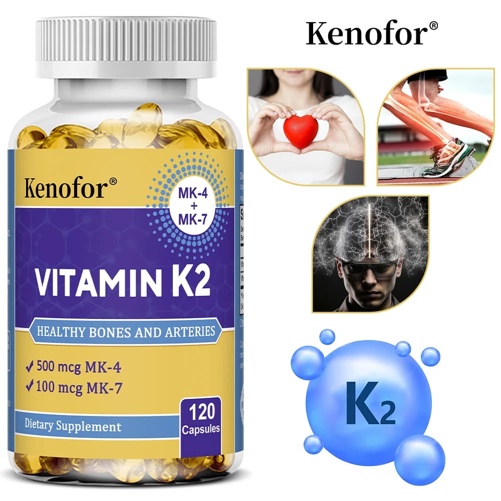 Vitamin K2 capsules with MK-4 and MK-7, support strong bones and healthy brain, heart health, food supplement