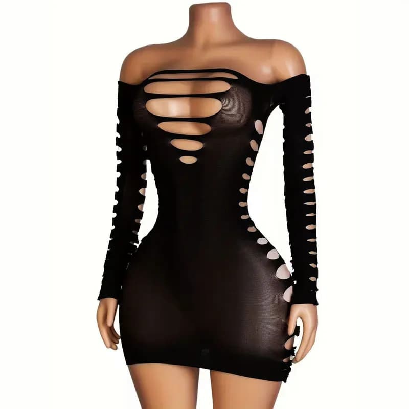 Long Sleeves Sexy Lingerie Dress Hollow Mesh Hip Skirt Short Hot Sexy Clothes Woman