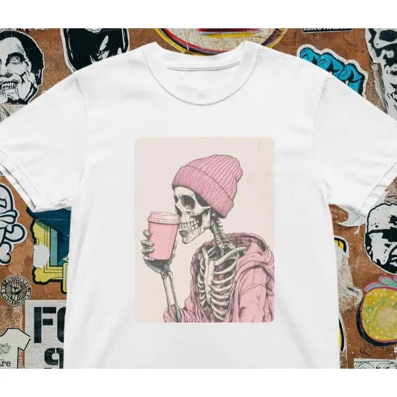 Maglietta Hipster Skeleton Coffee Cup Beanie Cool Grunge Streetwear Art
