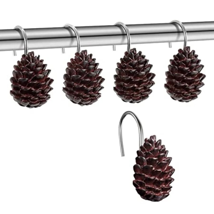 12-Pack Resin Pinecone Decorative Shower Curtain Hooks Steel Sliding Bathroom Curtain Rings Pendant Hooks S Pinecone A