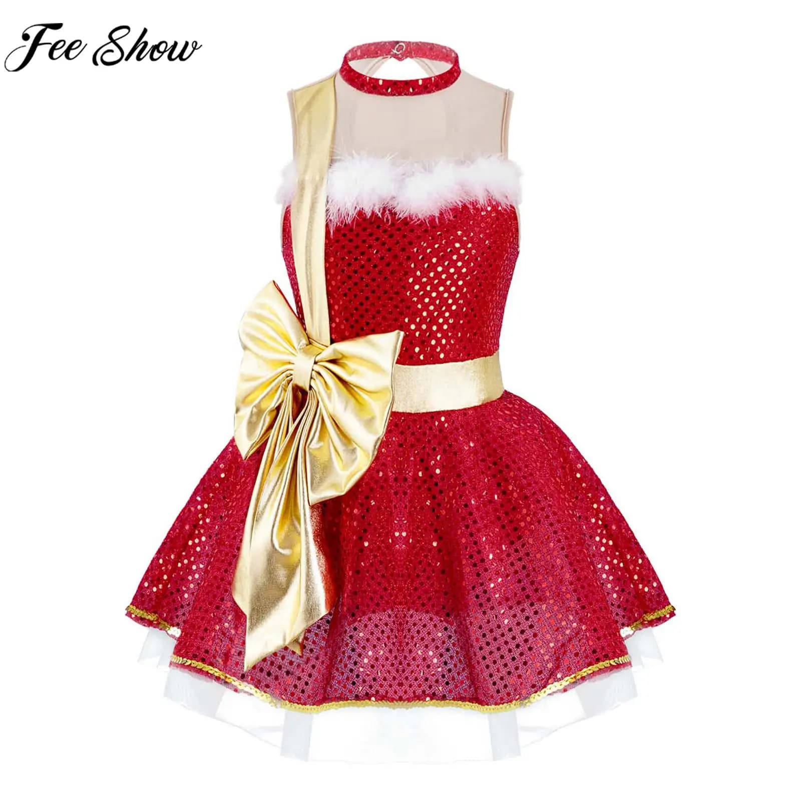 Teens Girls Christmas Ballet Dance Dress Sleeveless Bow Sequin Mesh Leotard Tutu for Figure Skating Latin Cha-cha Samba Rumba