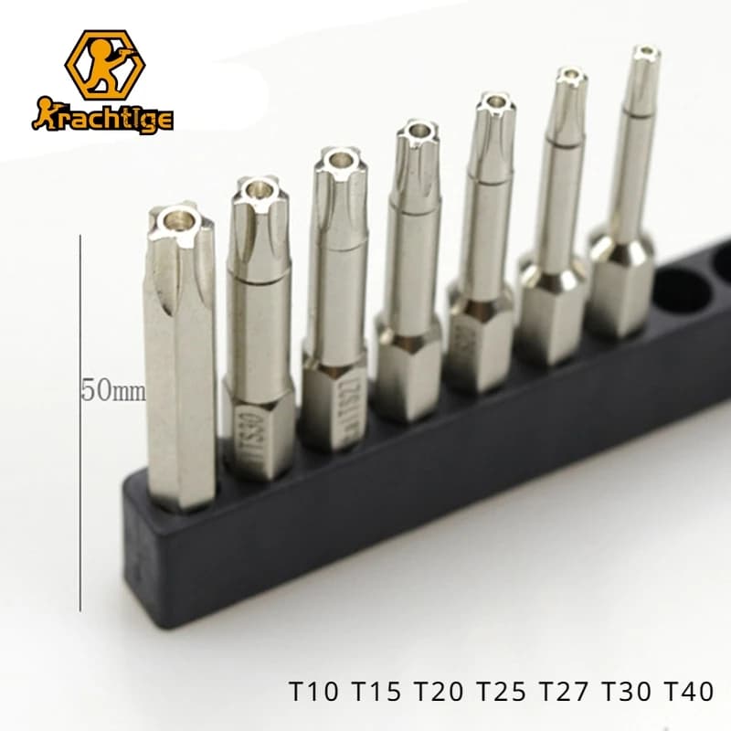 Krachtige 7Pcs 50mm Magnetic Screwdriver Set T10 T15 T20 T25 T27 T30 T40 1/4" Hex Shank 5 Point Torx Electric Screwdriver Head