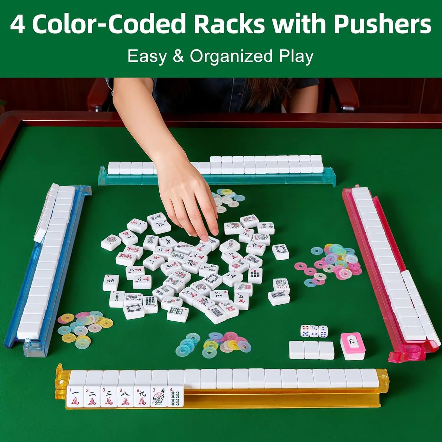 American Mahjong Set 166 Tiles with 4 Colors All-in-One Rack Pushers Red Soft Bag and Accessories Classic Full Plant Shelves